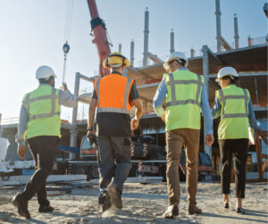Four Workers Walking Toward Construction Site